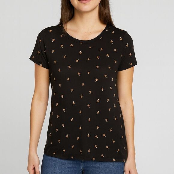 Black Mushroom Print T-Shirt L Whimsical Cottagecore Goblincore Loungewear Soft - Picture 1 of 6